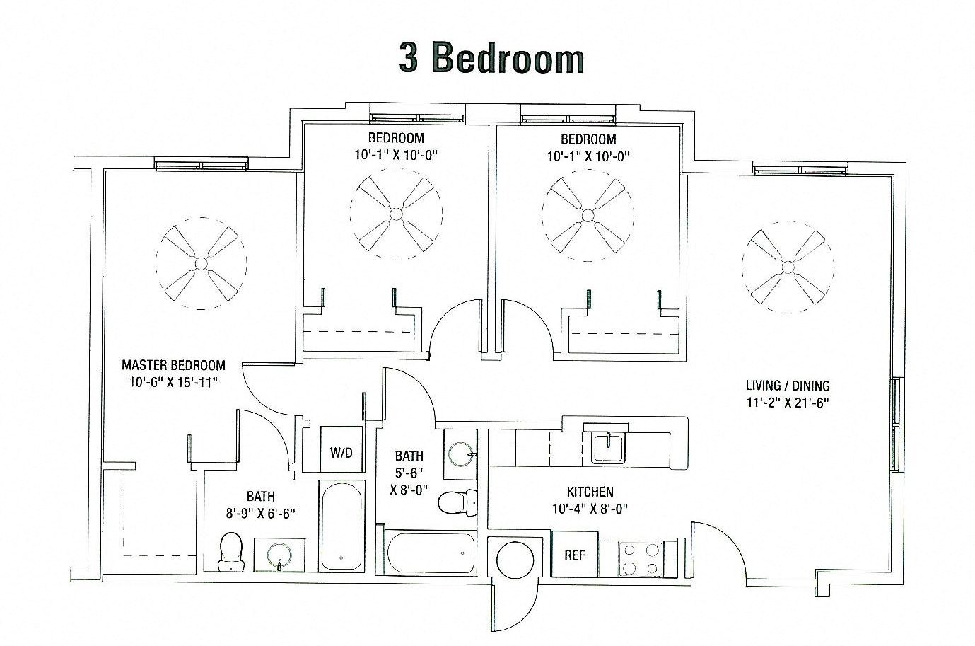 Floor plan for 3 beds, 2 baths, 991 sqft